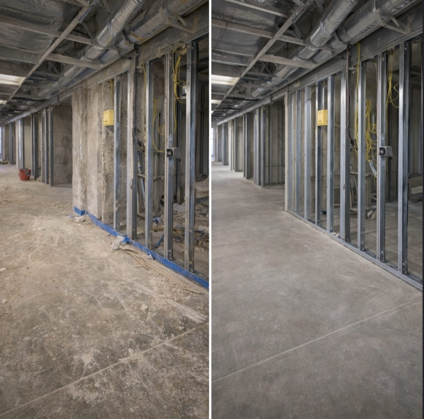 Before and after of a post construction cleanup showing dusty concrete cleaned to a polished finish